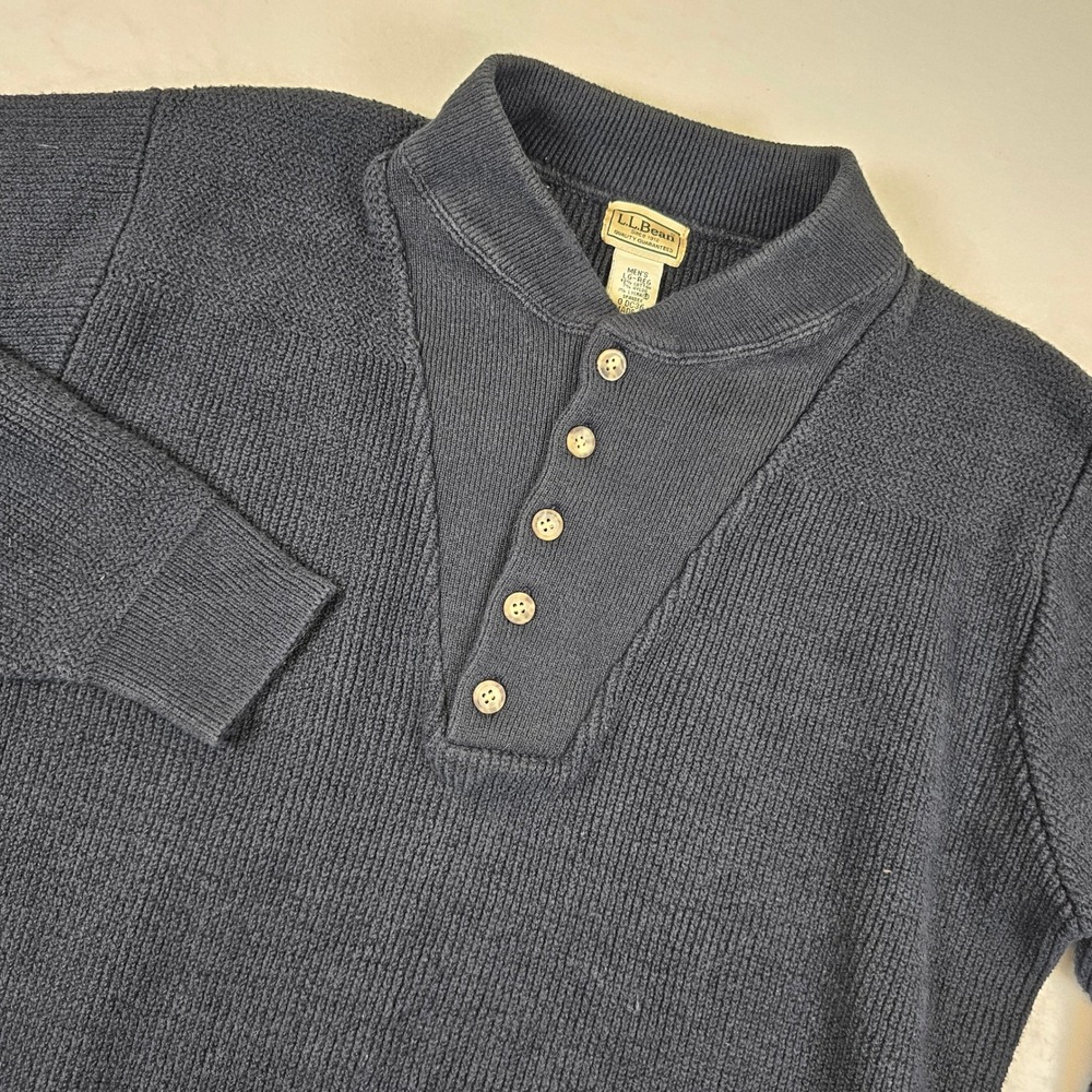 VTg LL Bean Mens Navy Blue Cotton Blend Shaker Knit Henley Sweater Large L-REG